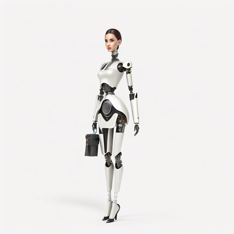 Modern Female Robot in Suit and Heels with Handbag on White Background