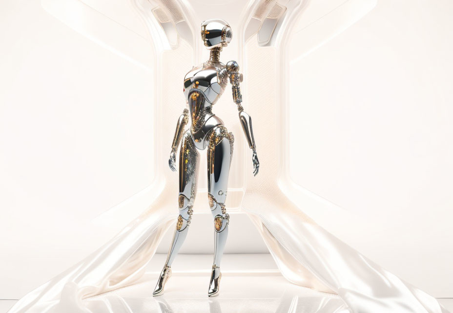 Futuristic humanoid robot in sleek chrome and black panels