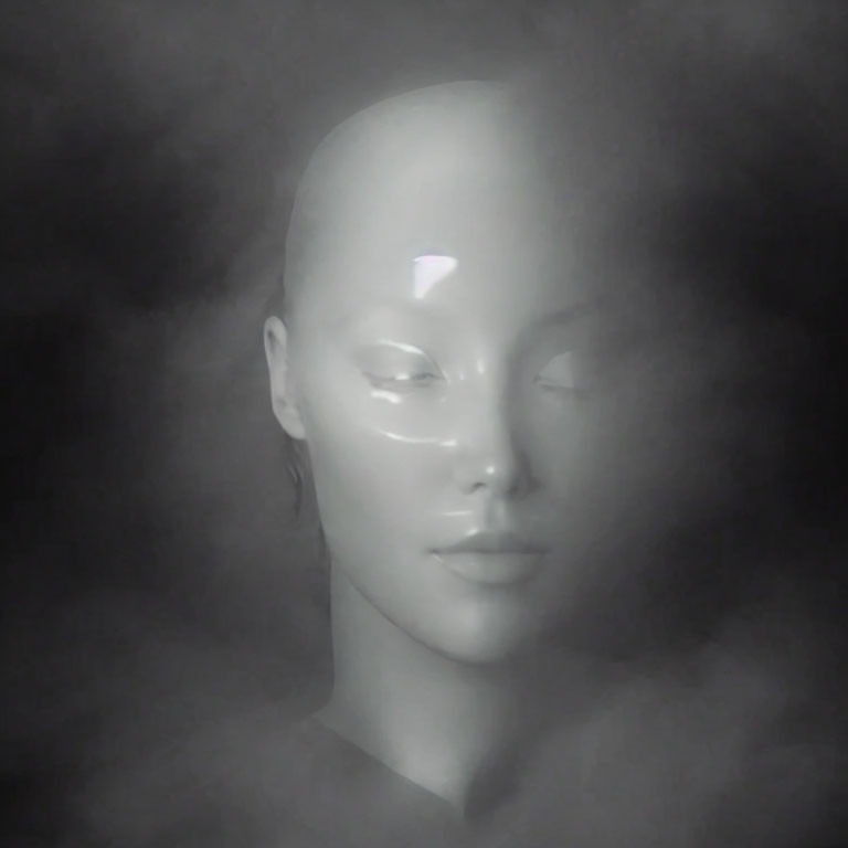 Monochrome serene mannequin head in mist with light reflection