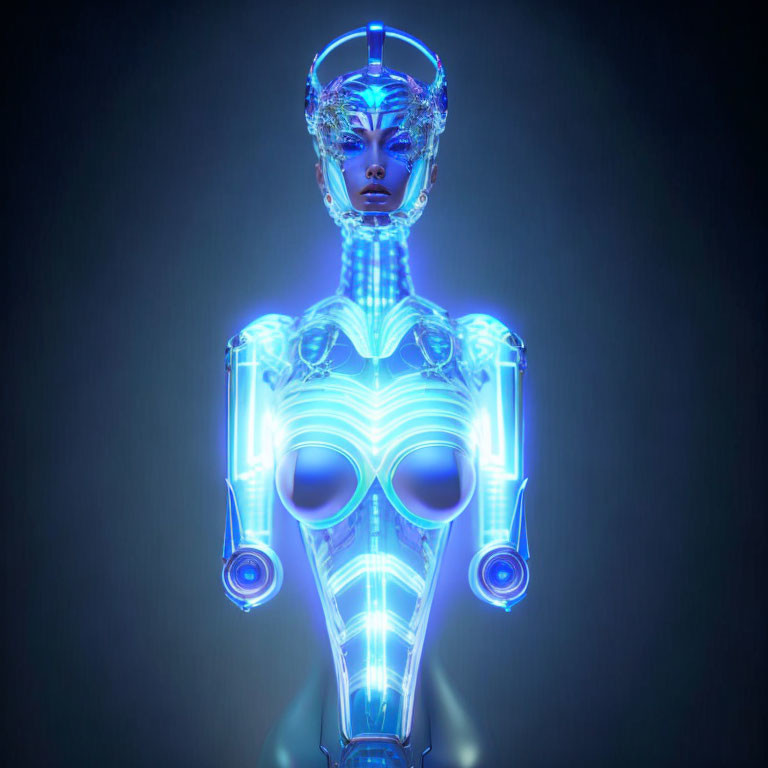 Futuristic blue humanoid robot with intricate light patterns