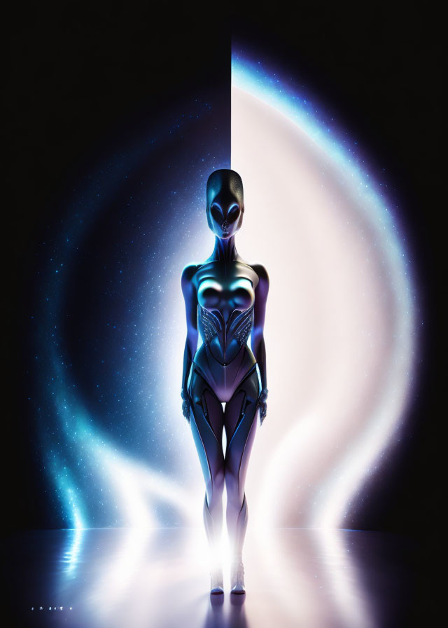 Futuristic alien figure in spotlight against dark space backdrop