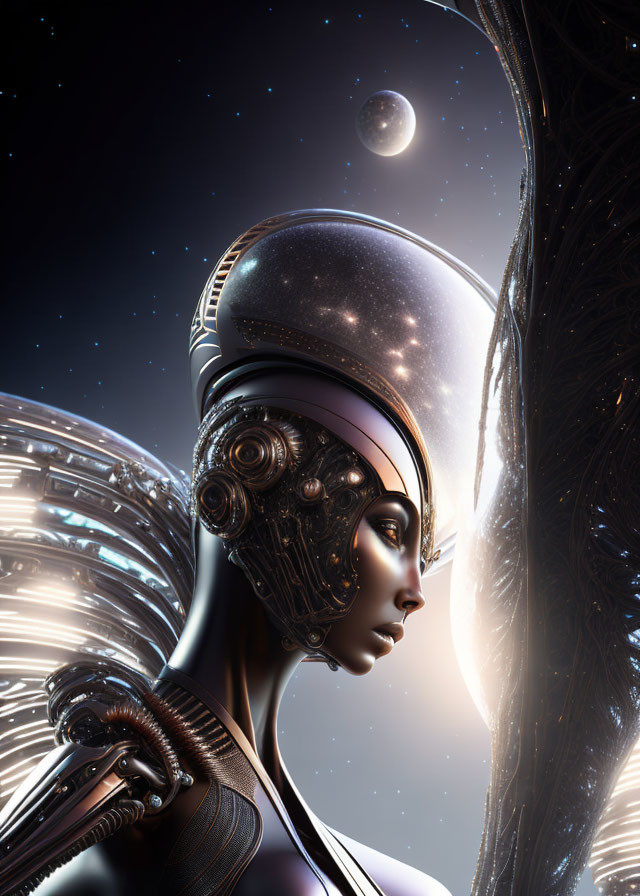 Futuristic robot with human-like face and intricate mechanical details gazing at stars and planet