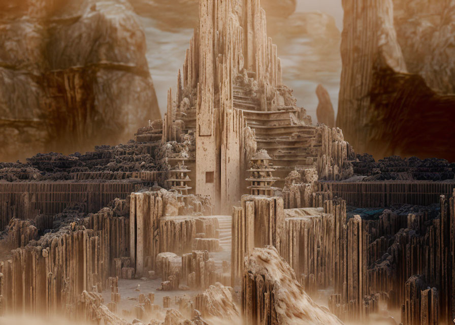 Majestic rock formations and ancient temple in hazy landscape