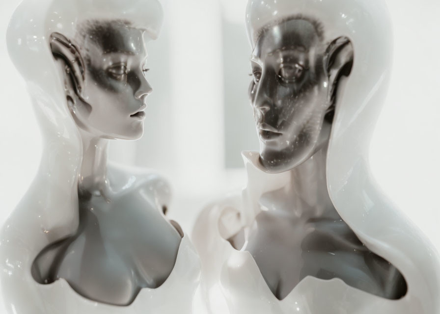 White humanoid sculptures in serene interaction under soft lighting