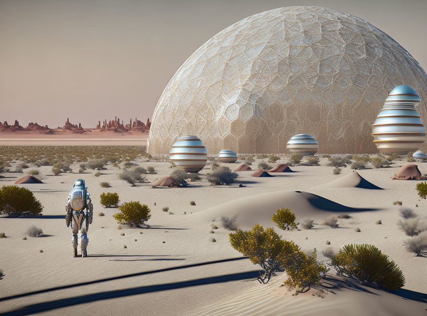 Astronaut near futuristic domed structure in surreal desert landscape