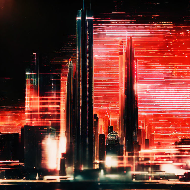 Futuristic cityscape with glowing red lights and skyscrapers