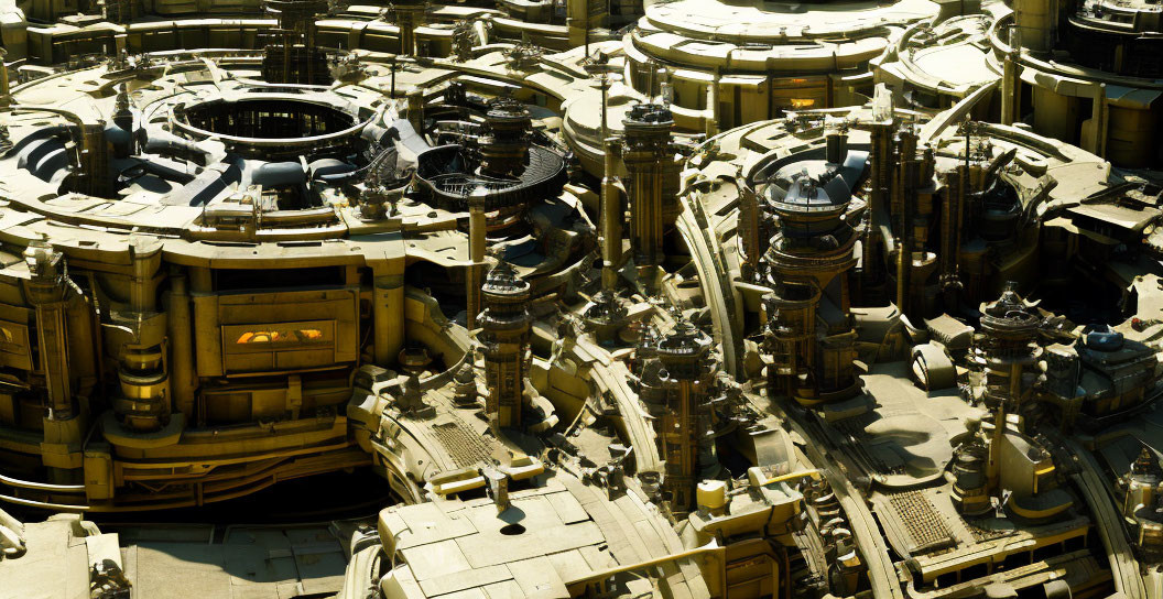 Detailed Sci-Fi Cityscape with Intricate Structures and Yellow-Brown Color Palette