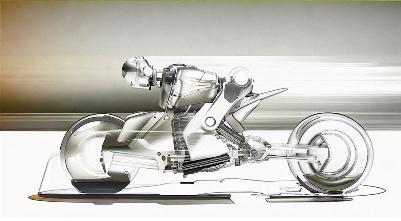 Futuristic transparent motorcycle design with internal mechanism on motion blur background