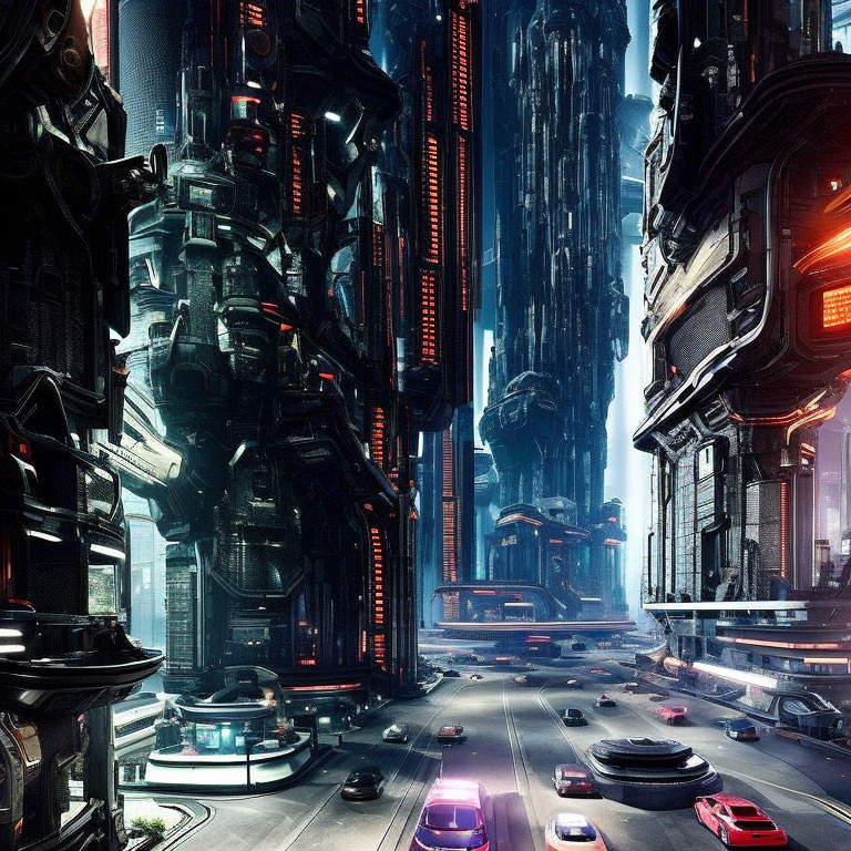 Futuristic cityscape with skyscrapers, neon lights, and flying vehicles