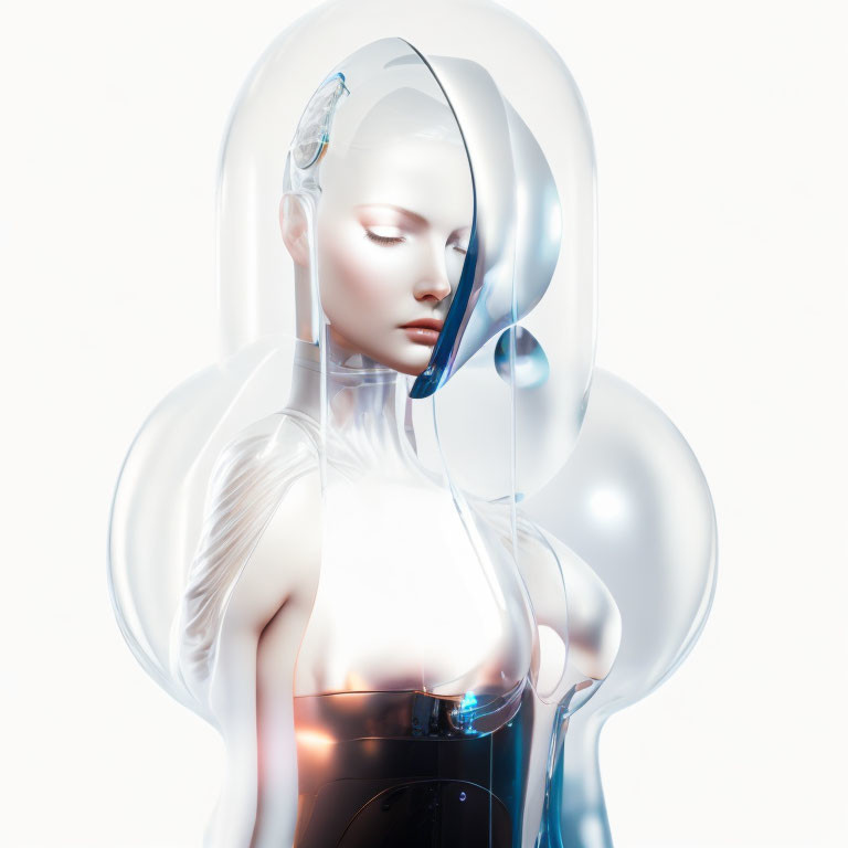 Transparent-shell female android with cybernetic components