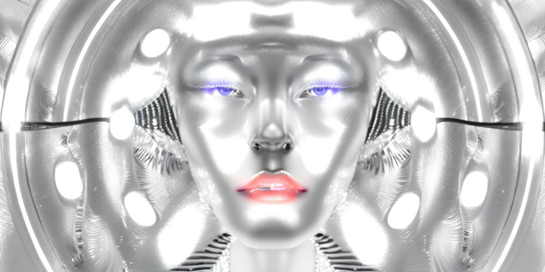 Silver humanoid face with purple eyes and red lips on reflective metallic background