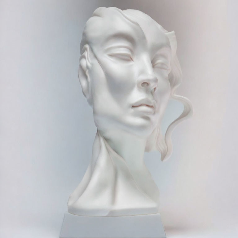 Stylized female face sculpture with flowing hair and closed eyes