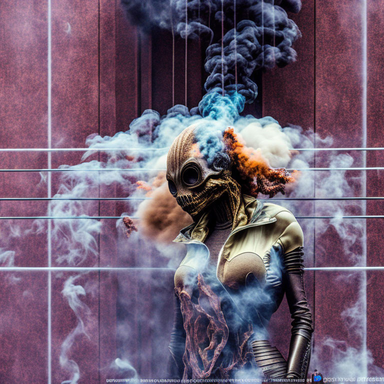 Person in Gas Mask in Futuristic Costume Amid Swirling Smoke on Red Background