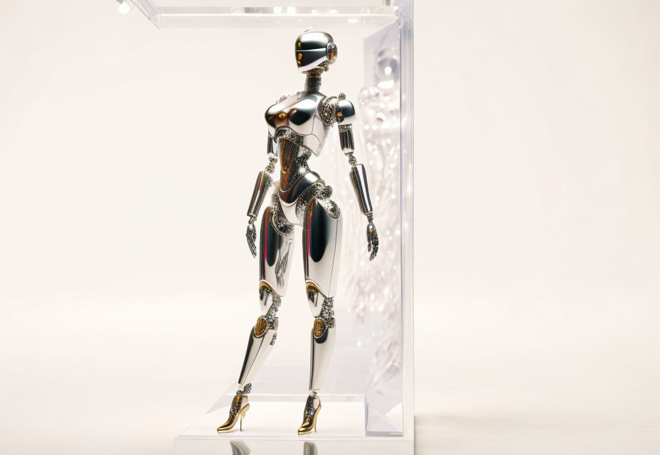 Metallic humanoid robot in transparent case on white background