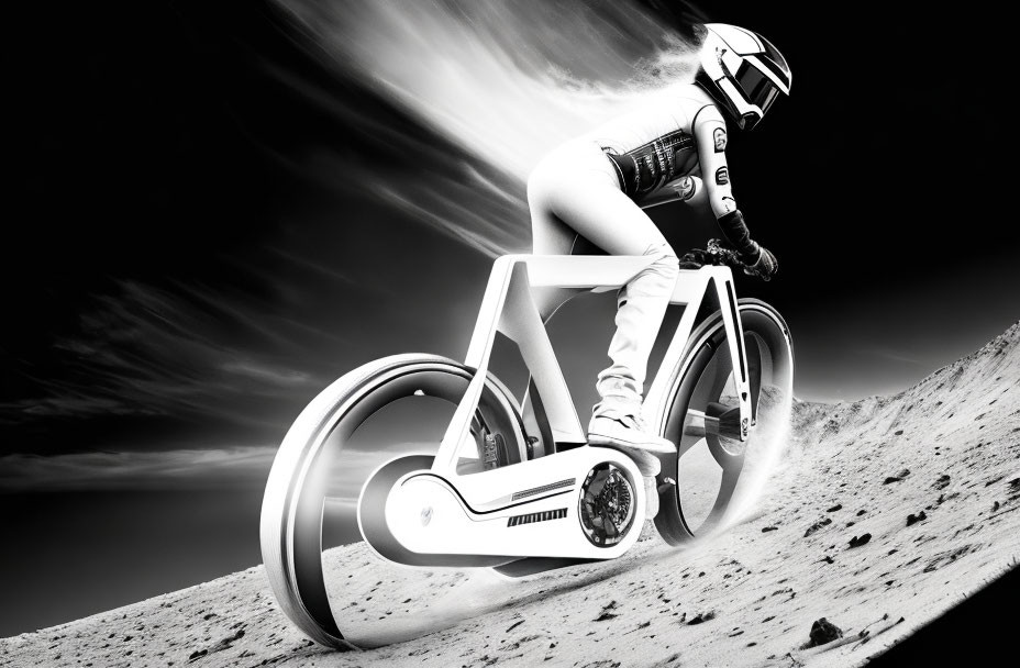 Person in full gear rides futuristic motorbike on rough terrain