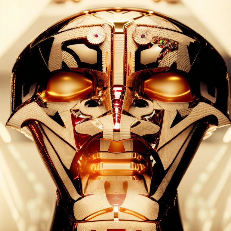 Intricate golden robotic face with glowing eyes on abstract background