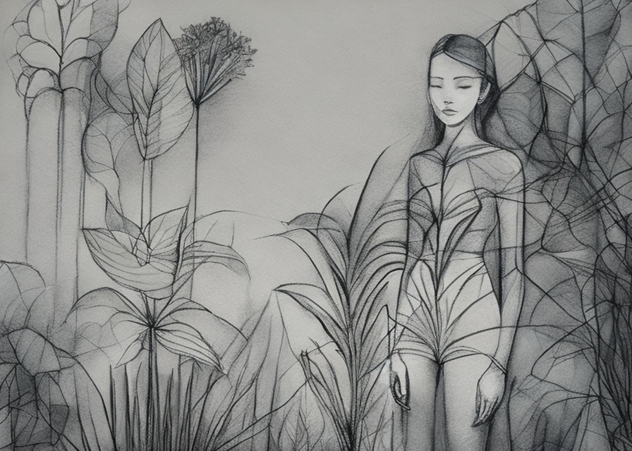 Monochrome pencil sketch of serene woman with plant elements