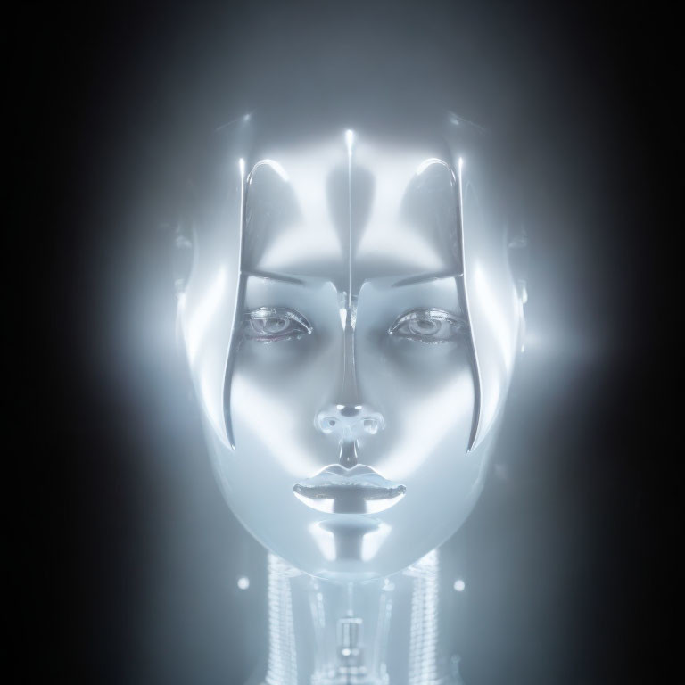 Futuristic humanoid robot face with glossy design and blue glow