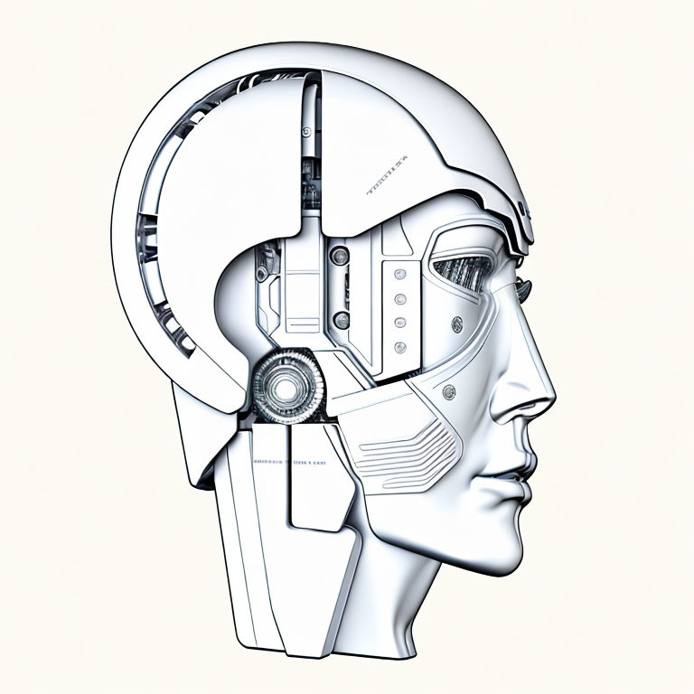 Detailed profile view of futuristic humanoid robot head with intricate mechanical design.