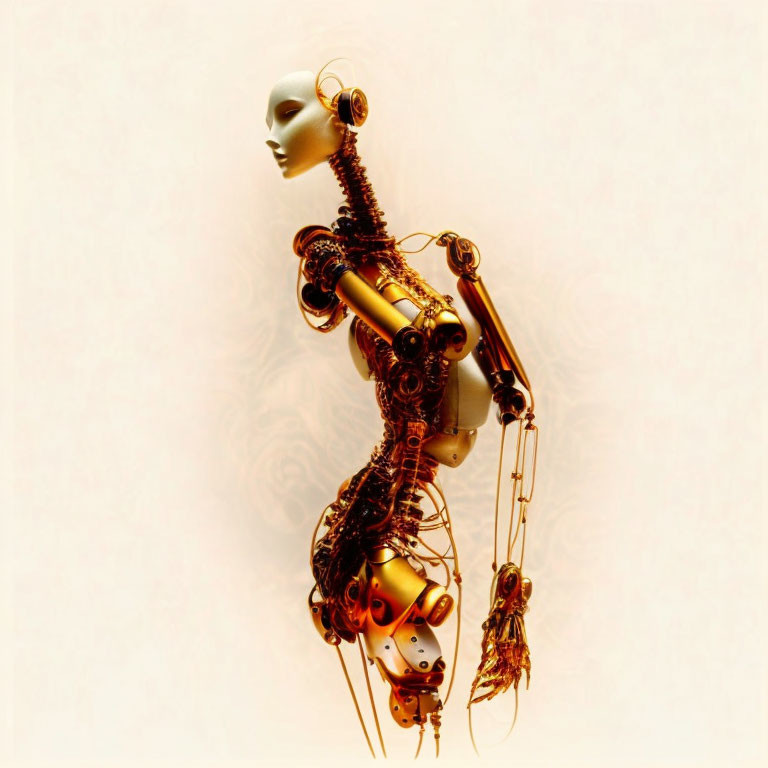 Golden humanoid robot with intricate metalwork on peach background