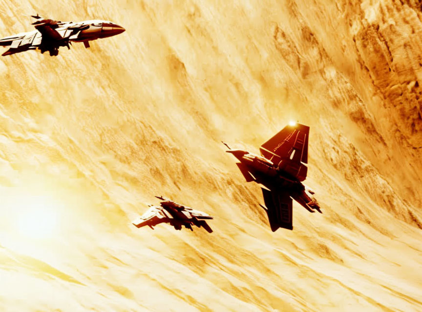 Three fighter jets flying near rocky cliff in warm sunset light