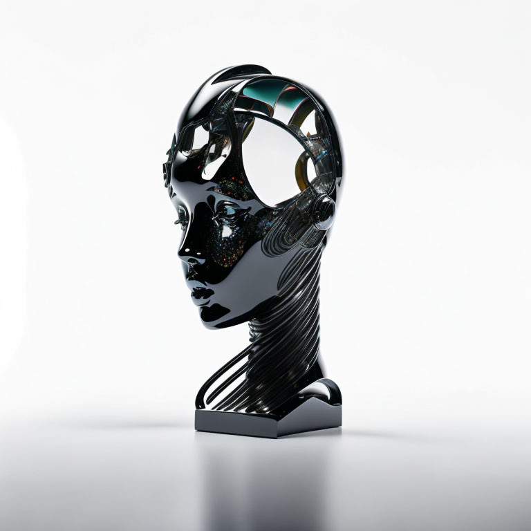 Futuristic glossy robotic head sculpture on white background