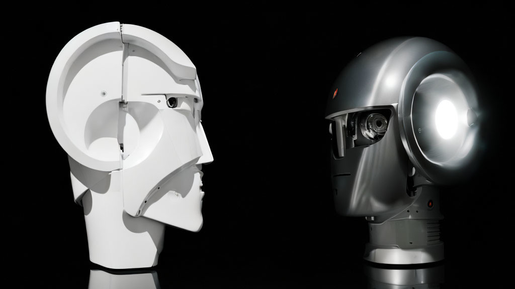 Robotic heads in contrast on black background