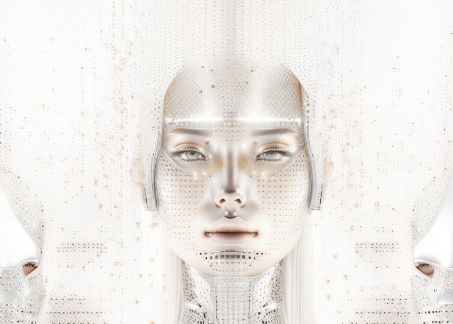 Detailed metallic humanoid robot face against abstract white backdrop