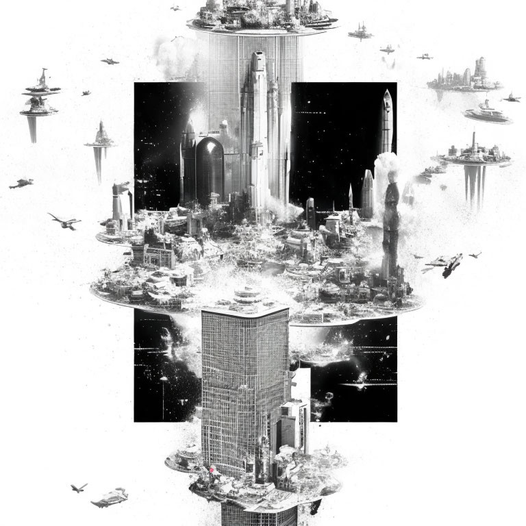 Monochromatic futuristic cityscape collage with skyscrapers and spacecraft against starry backdrop