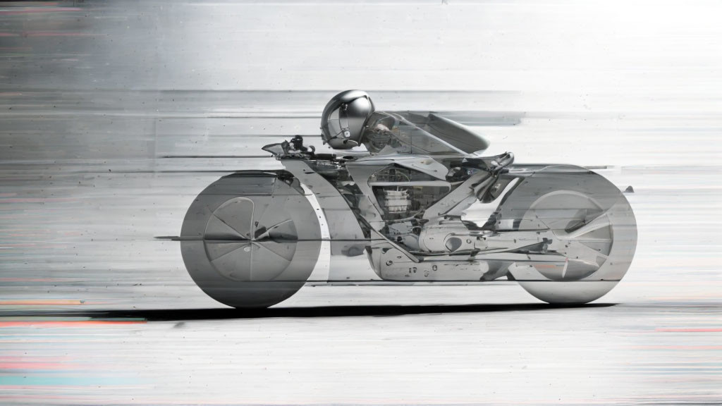 Futuristic motorcycle rider with large wheels in dynamic motion blur