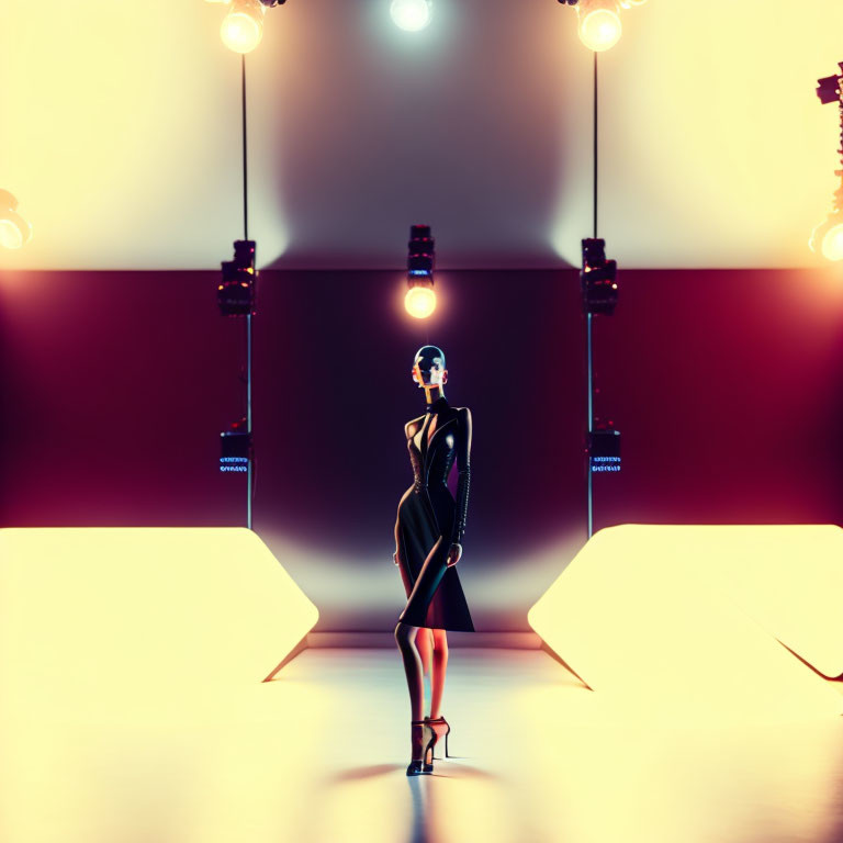 Model in Black Dress Poses on Runway Under Spotlight