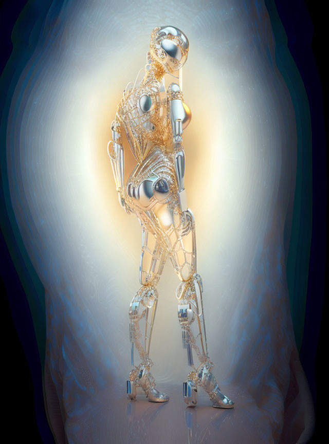 Transparent humanoid robot with golden joints on blue gradient background