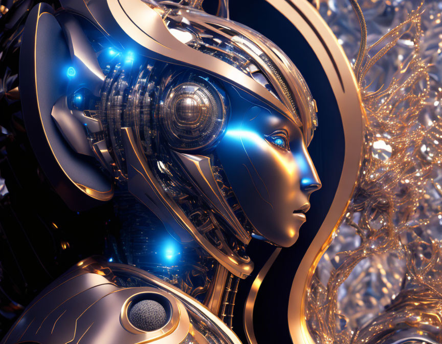 Detailed 3D Illustration of Futuristic Female Android with Gold and Blue Cybernetic Features