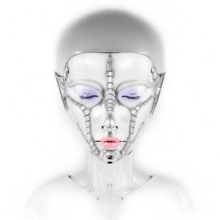 Futuristic robotic head with transparent facial structures and purple eye accents