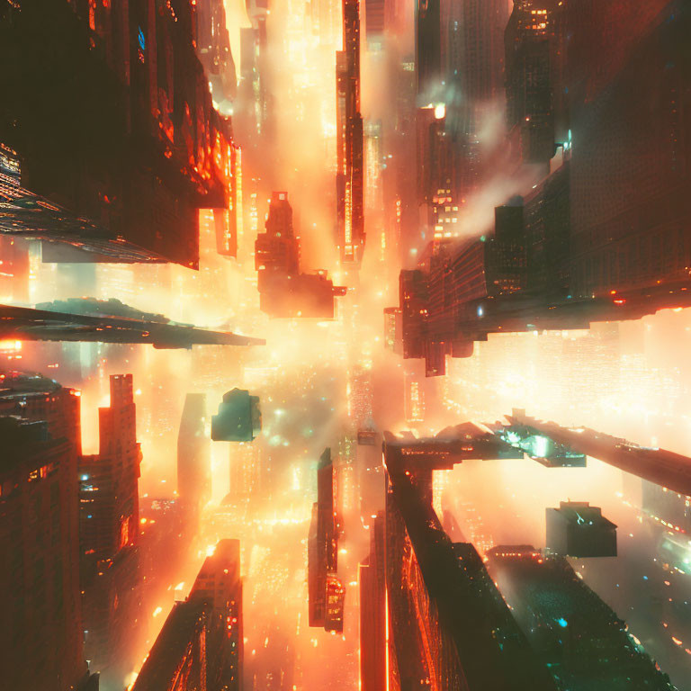 Futuristic cityscape with glowing orange skyscrapers