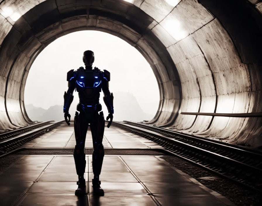 Blue illuminated humanoid robot in tunnel with railway tracks gazes into light.