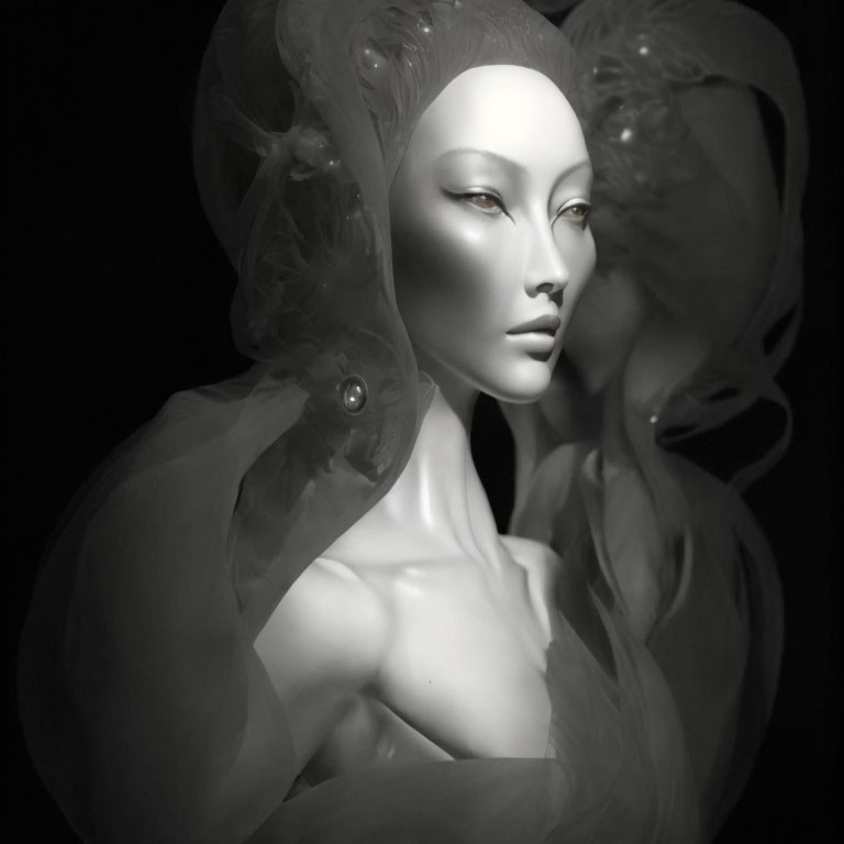 Monochrome photograph of mannequin with smooth face and wavy headdress