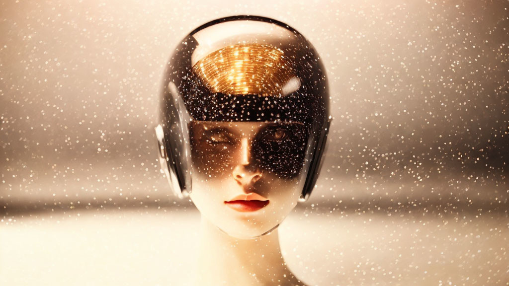 Futuristic helmet on mannequin head in snowy setting