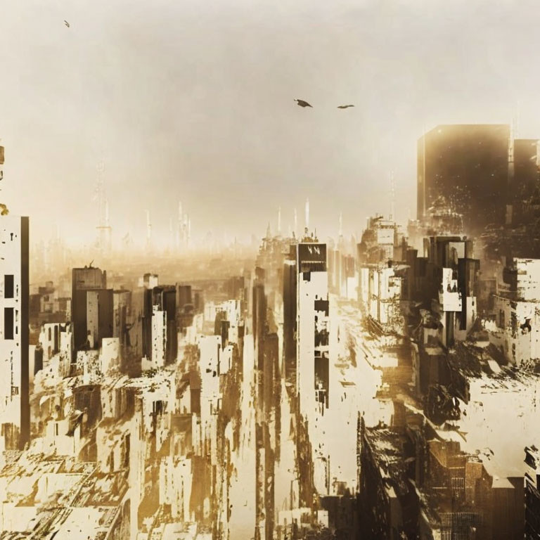 Decaying skyscrapers in a dystopian cityscape with birds, haze, and sepia tone