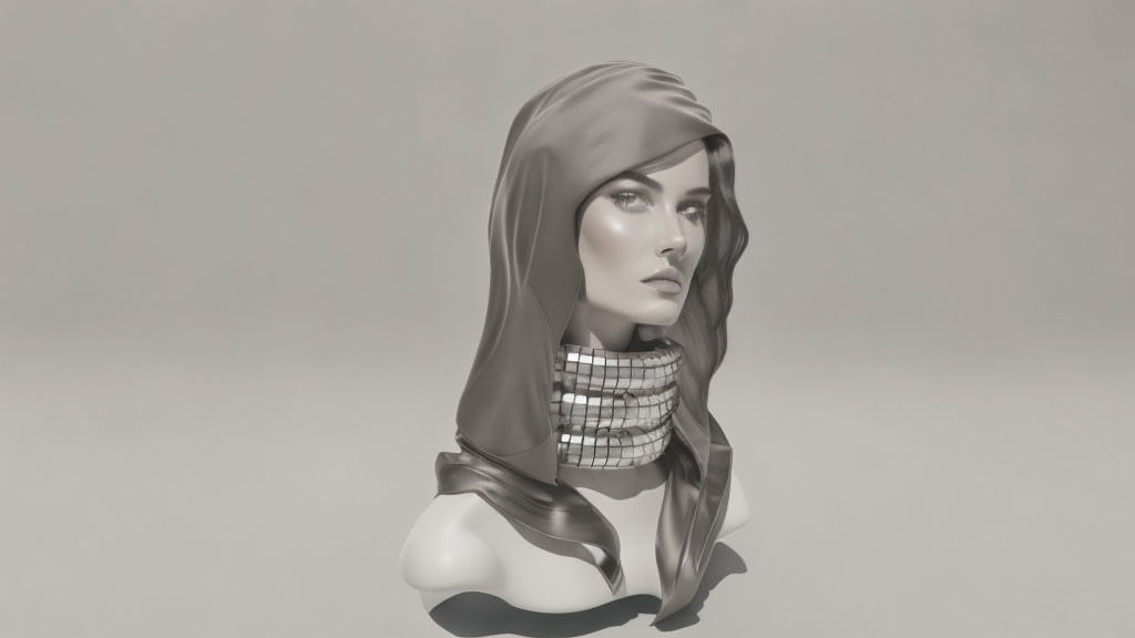 Monochrome 3D rendering of contemplative female figure with hood and futuristic neckwear