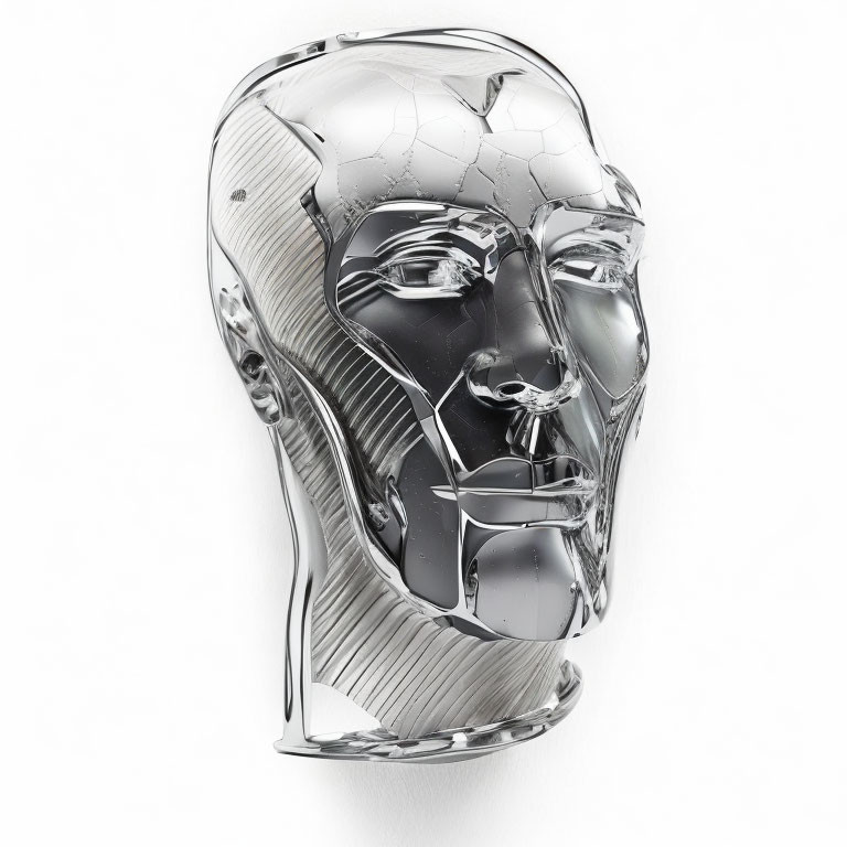 Reflective Metal Sculpture of Human Head with Futuristic Appearance