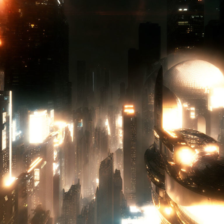 Futuristic night cityscape with glowing buildings and illuminated dome.