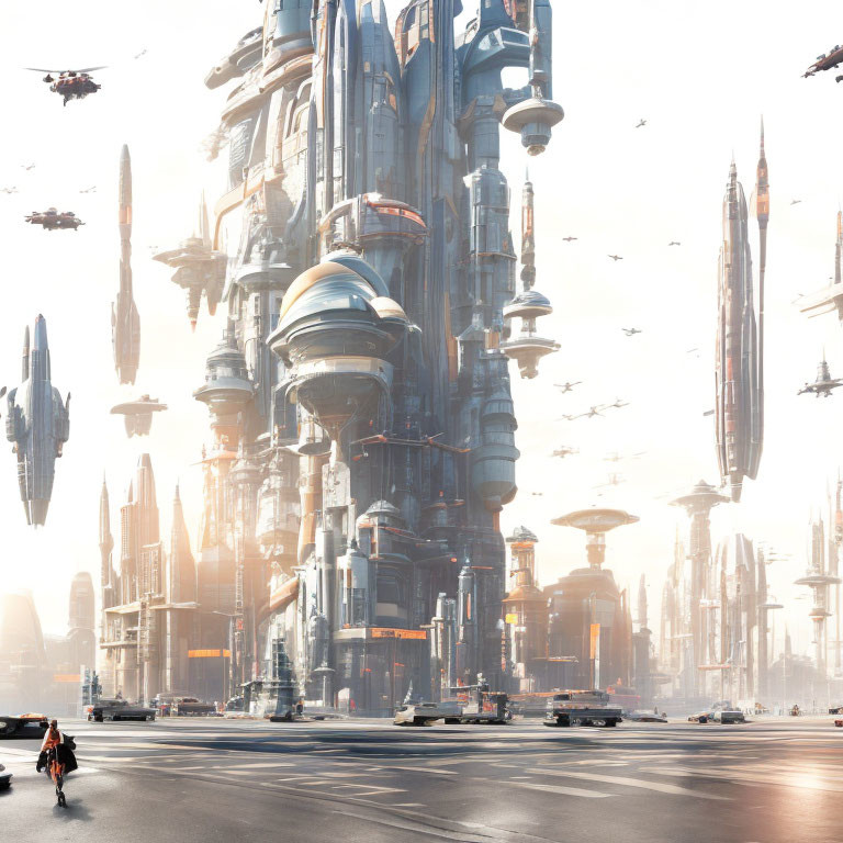 Futuristic cityscape with skyscrapers, flying vehicles, and lone figure walking.