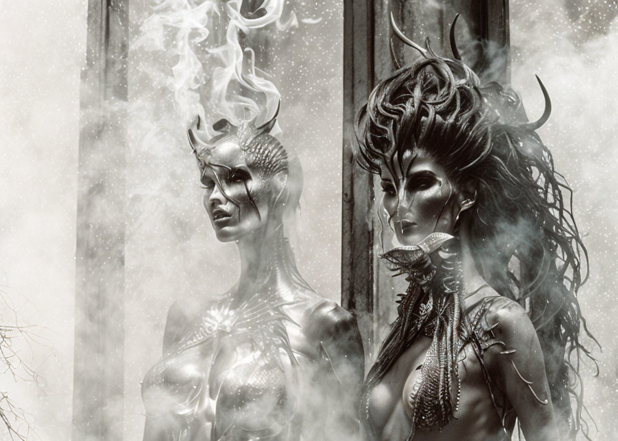 Fantastical female figures with intricate headpieces and metallic body art in misty setting