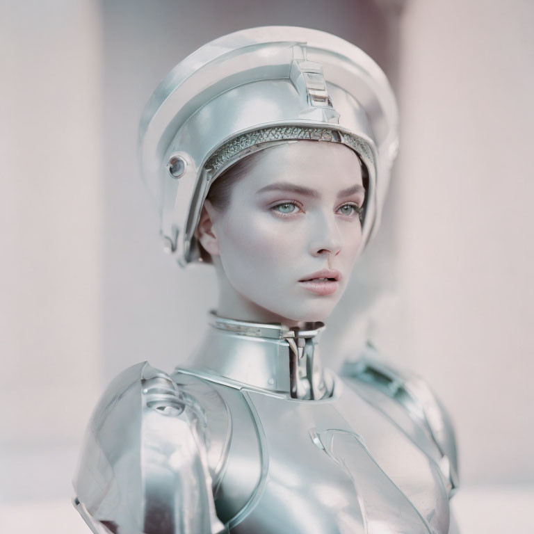 Futuristic silver armor and helmet with visor up, intense gaze and green eyes.