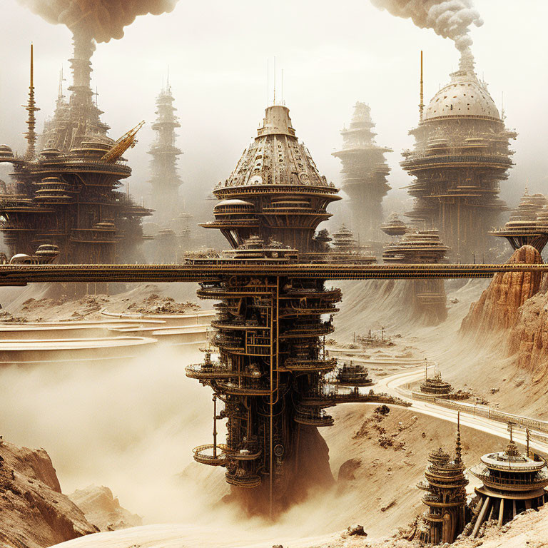 Futuristic industrial landscape with towering structures and bridges in hazy atmosphere