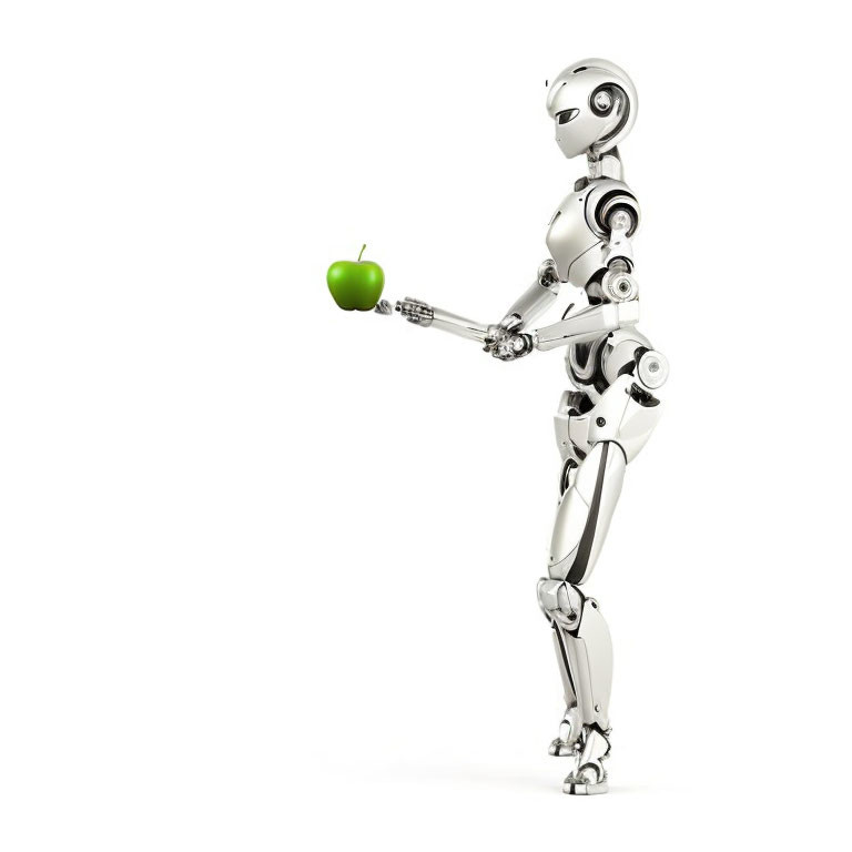 Sleek silver humanoid robot holding green apple on white background