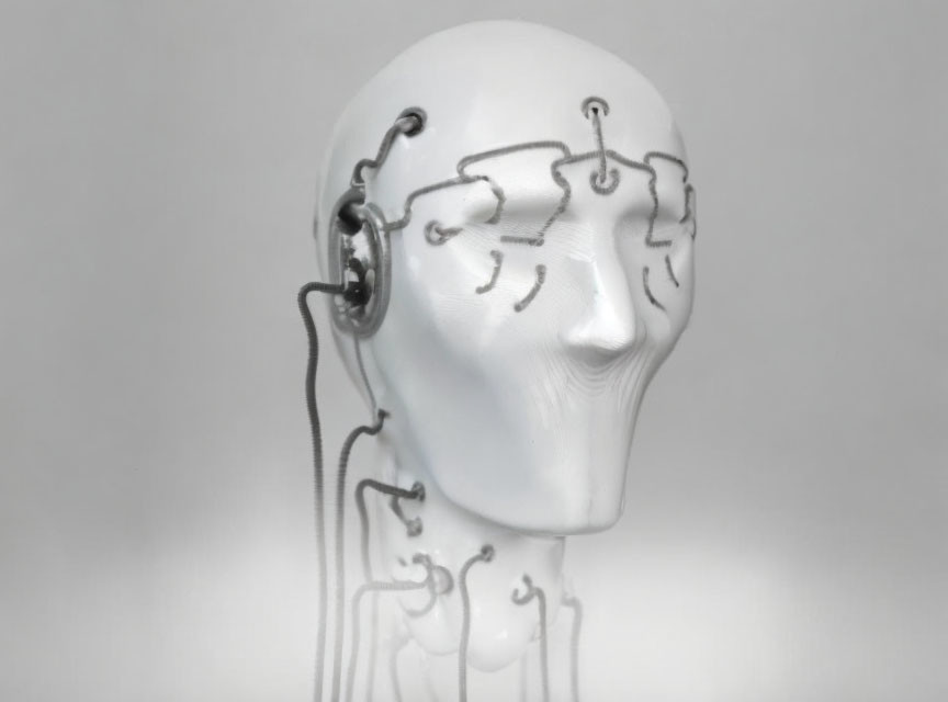 White Glossy Mannequin Head with Black Wires and Plugs for Brain Mapping Technology