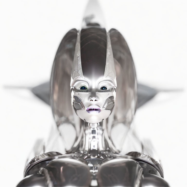 Symmetrical silver humanoid robot with intricate facial features