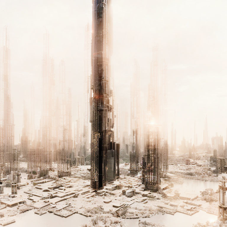 Futuristic cityscape with mist-covered skyscrapers on snow-covered ground